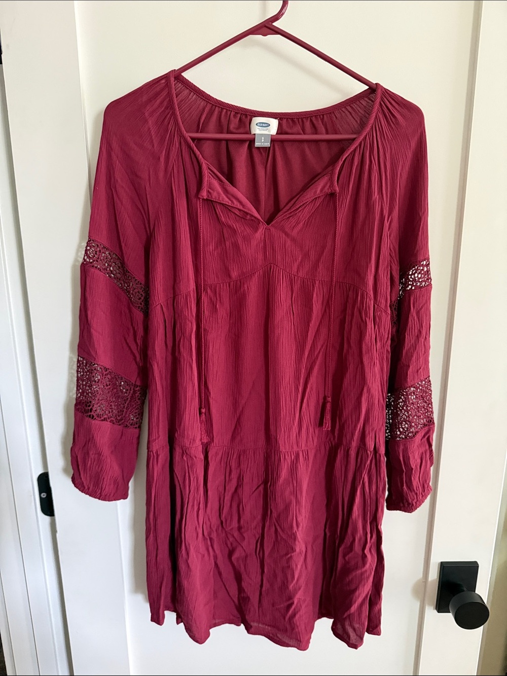 Old Navy Berry Red Lace-Panel Long-Sleeve Dress
